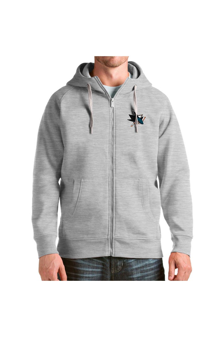 Men's Antigua Heathered Gray San Jose Sharks Logo Victory Full-Zip Hoodie, Main, color, Heather Gray