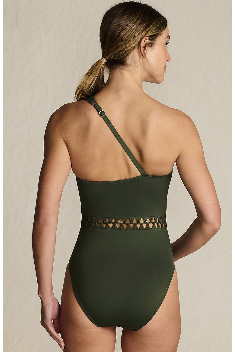 Macrame One Shoulder High Leg One Piece Swimsuit, Alternate, color, Rich Olive Green