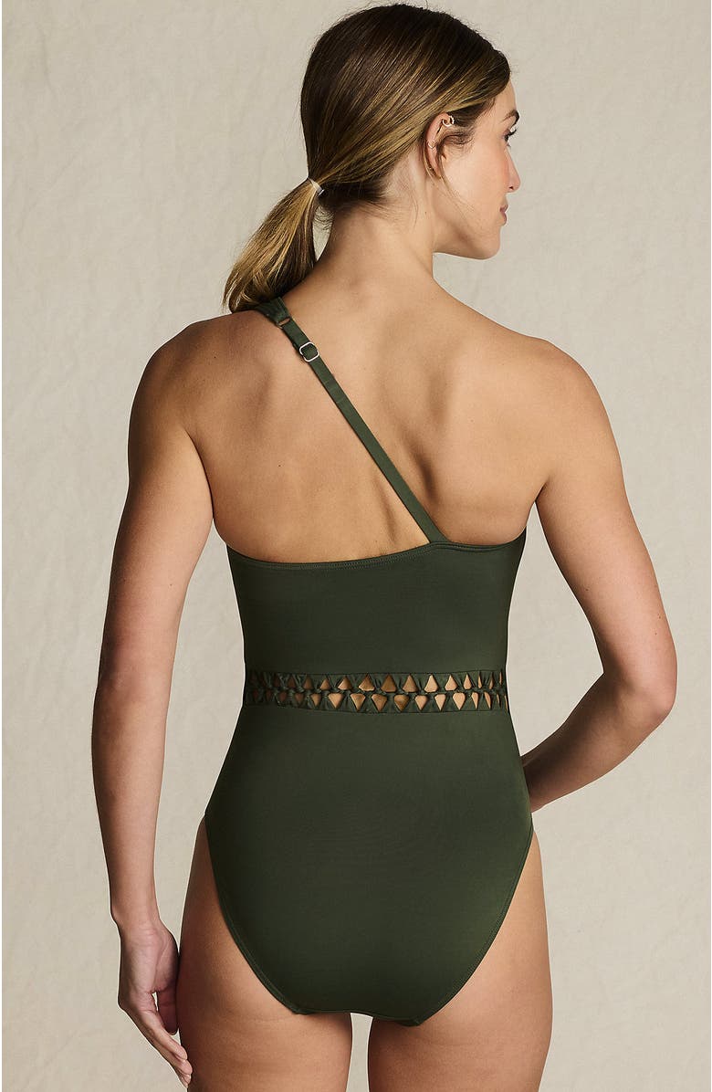 Lands' End Macrame One Shoulder High Leg One Piece Swimsuit, Alternate, color, Rich Olive Green
