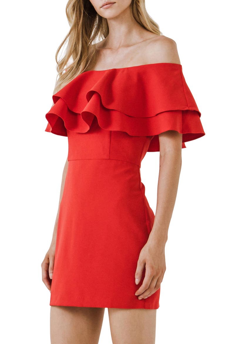 Ruffle Off the Shoulder Minidress, Alternate, color, TOMATO