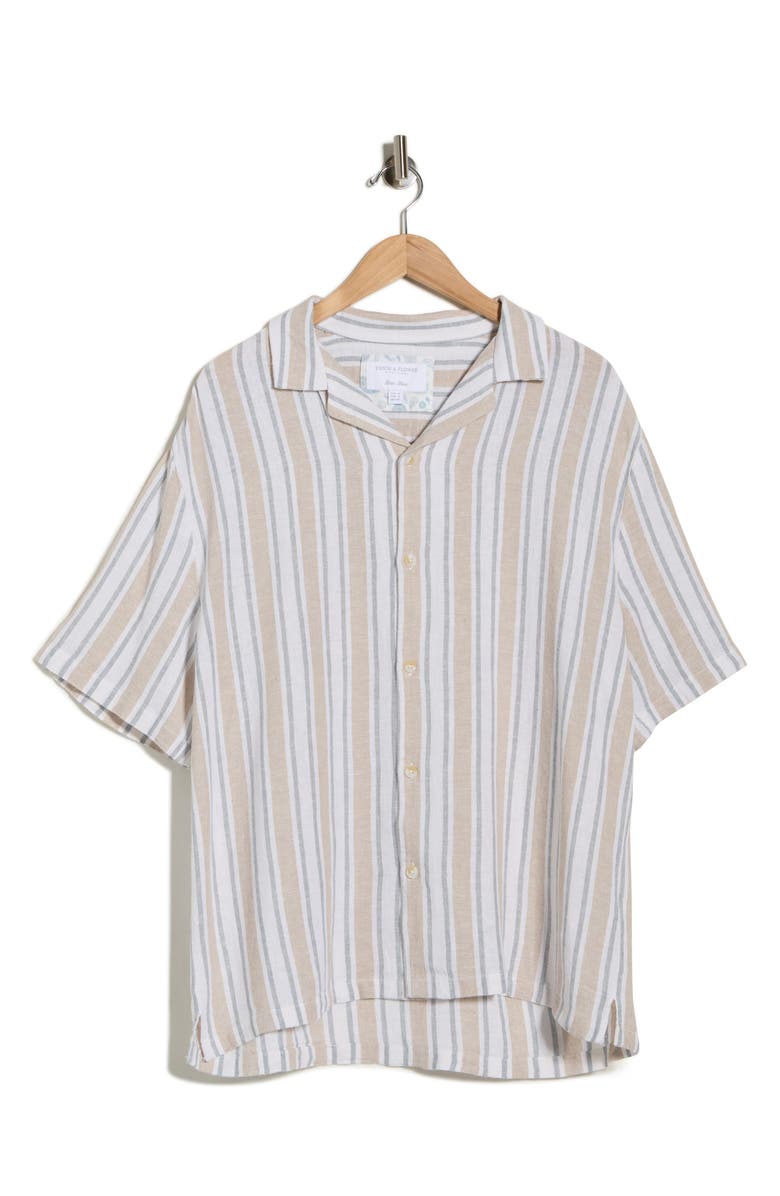 DENIM AND FLOWER Stripe Linen Blend Camp Shirt, Main, color, Khaki