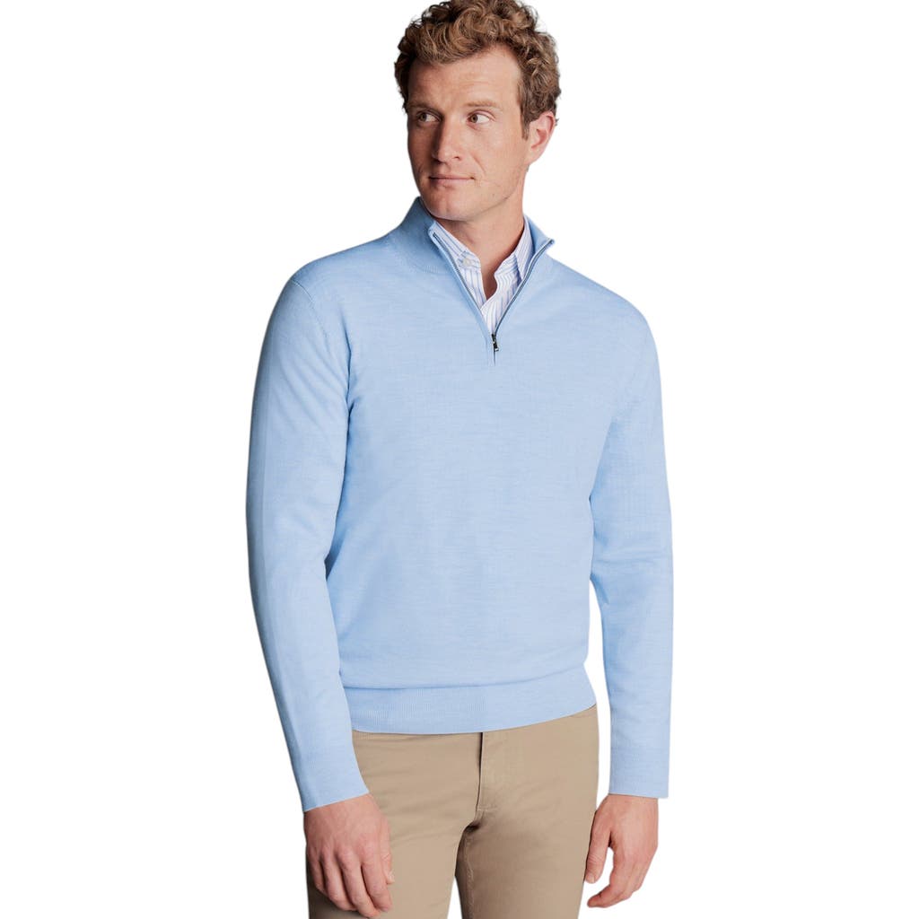 Shop Charles Tyrwhitt Merino Zip Neck Long Sleeve Sweater In Sky Blue