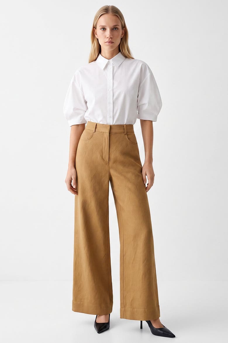 Sienna High Waisted Wide Leg Linen Pants, Alternate, color, CAMEL