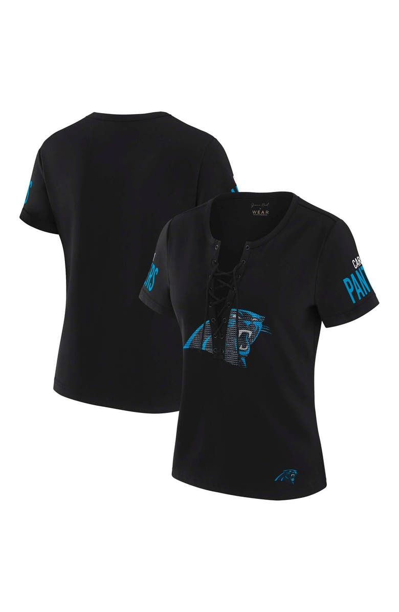 WEAR by Erin Andrews Women's WEAR by Erin Andrews x Gracie Hunt Black Carolina Panthers Draft Me Lace-Up T-Shirt, Main, color, Black