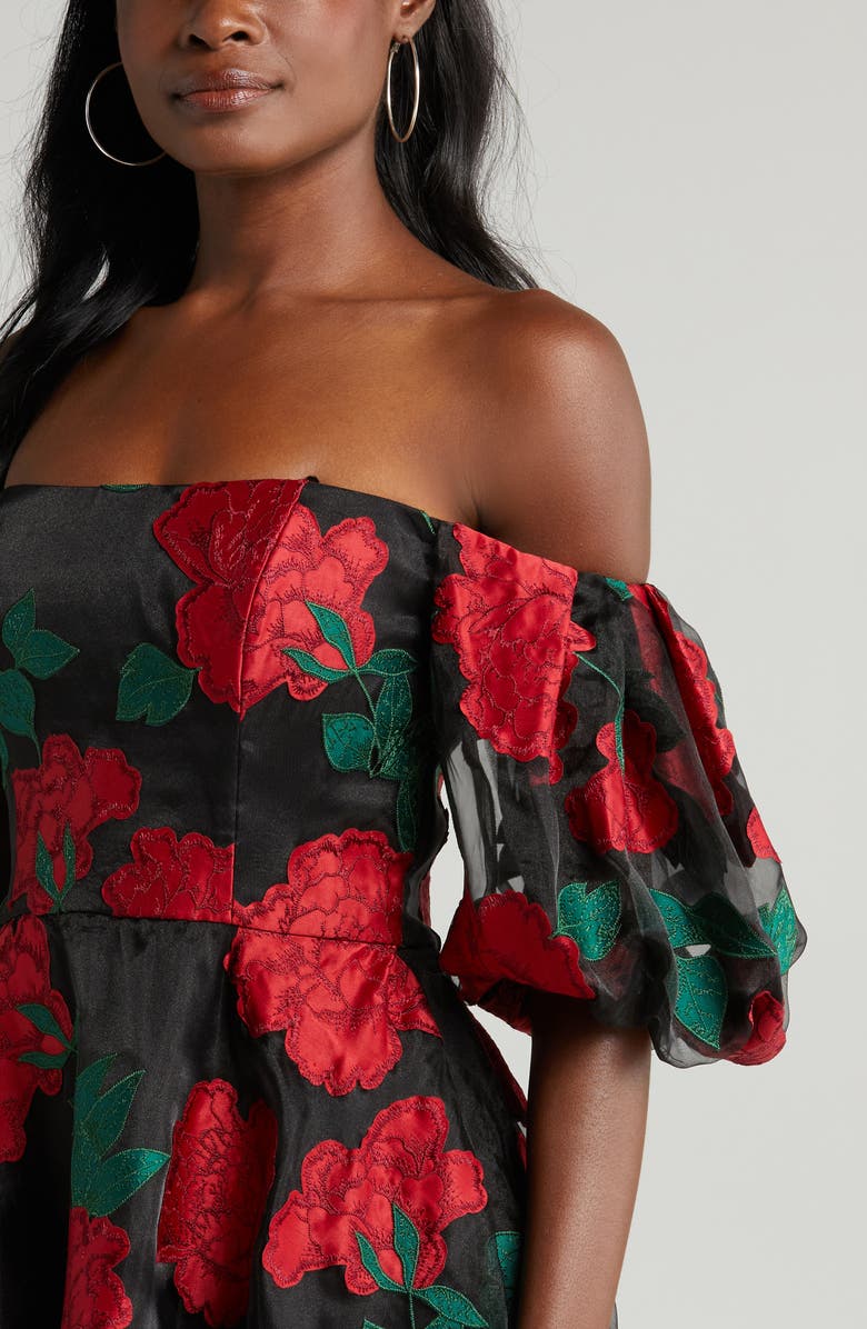 Marchesa Notte Floral Puff Sleeve Off the Shoulder Dress, Alternate, color, Black Combo