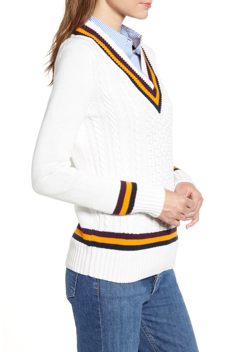 Tipped V-Neck Varsity Sweater, Alternate, color, IVORY MULTI