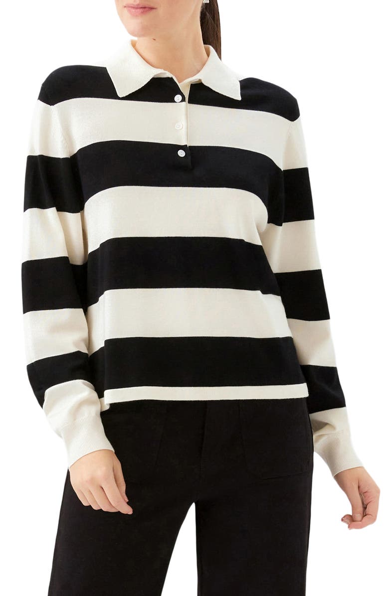Karen Kane Stripe Collared Henley Sweater, Main, color, Off White W/ Black