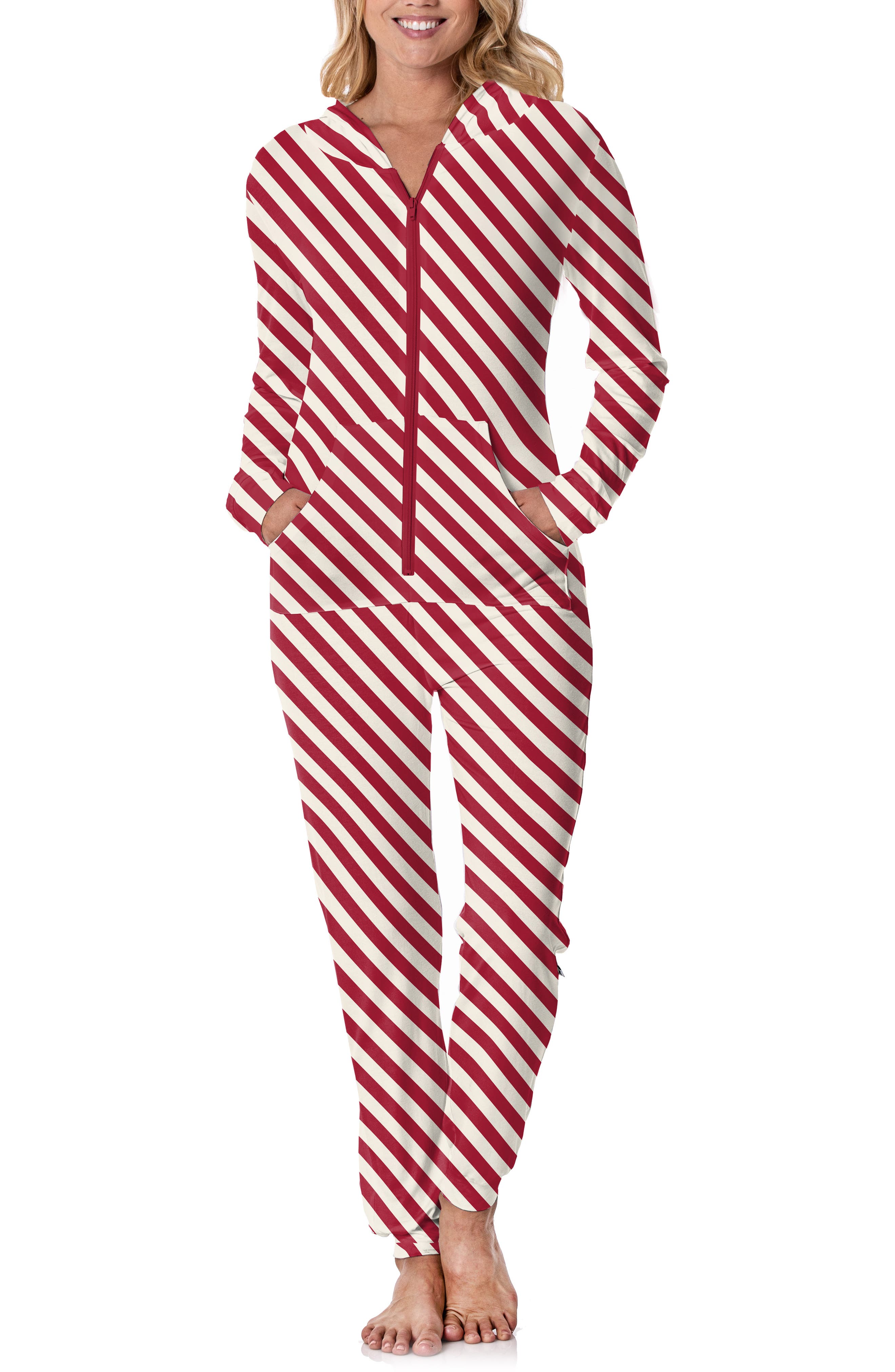 KicKee Pants Stripe Hooded Jumpsuit Pajamas in Candy Cane Twist 