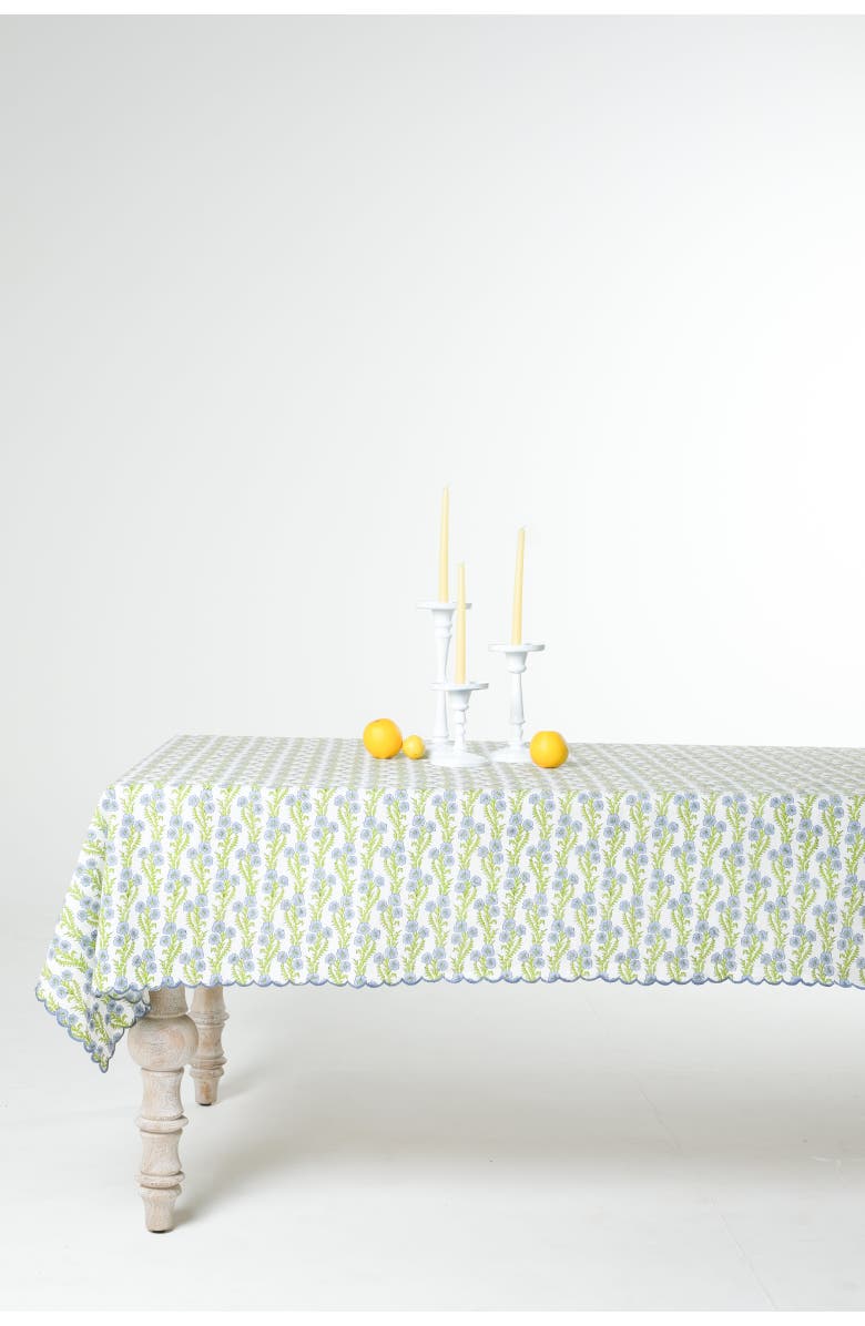 Inner Child Forget-Me-Not Scallop Embroidered Blockprint Tablecloth, Alternate, color, 60X90