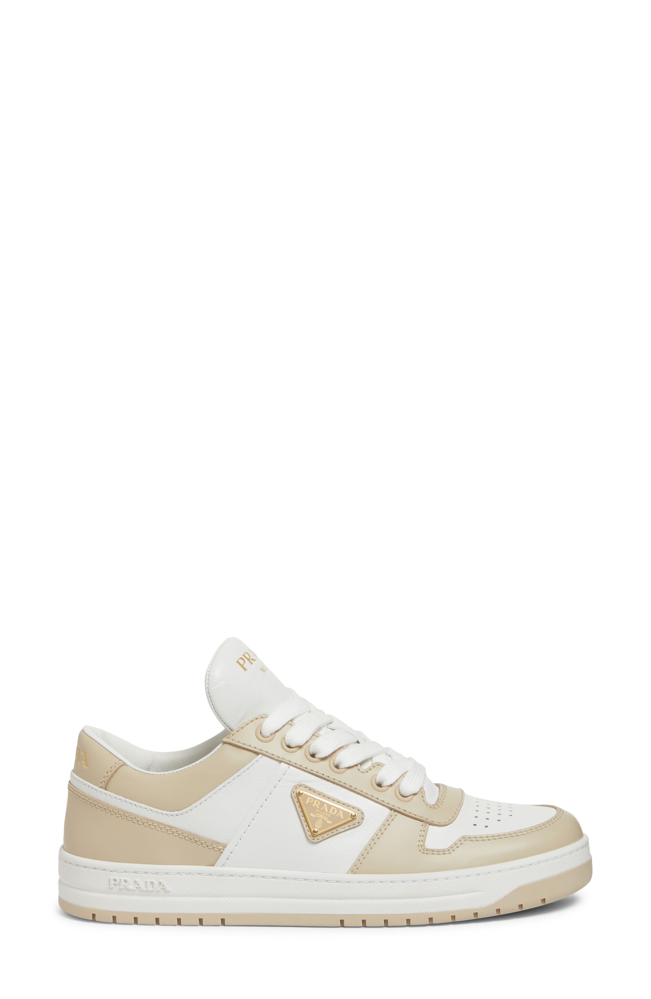 Prada Downtown Logo Low Top Sneaker, Alternate, color, Bianco/ Deserto