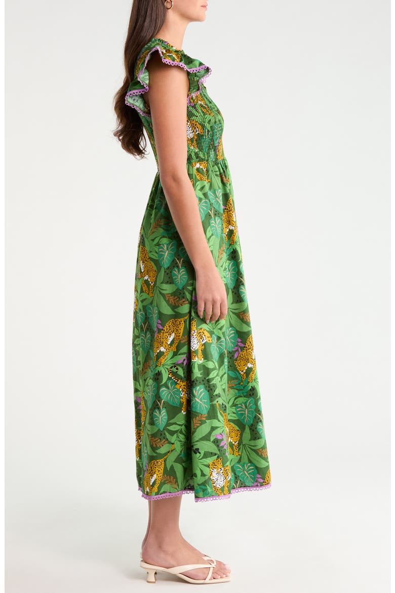 Merlin Smocked Bodice Flutter Sleeve Cotton Midi Sundress, Alternate, color, GREEN-MULTI