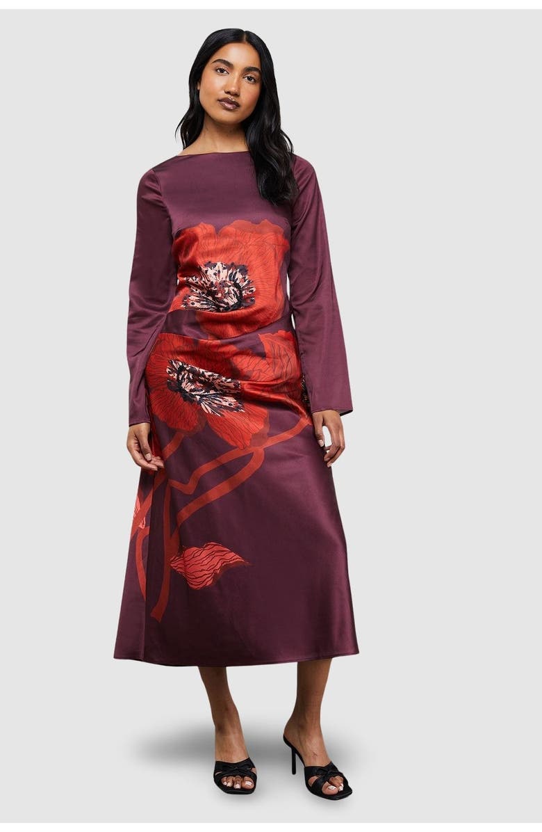 Warehouse Floral Placement Print Satin Midi Dress, Main, color, Dark Red