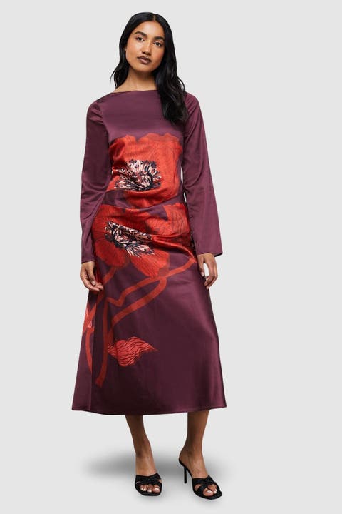 Floral Placement Print Satin Midi Dress