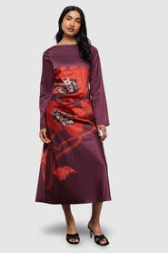 Warehouse Floral Placement Print Satin Midi Dress