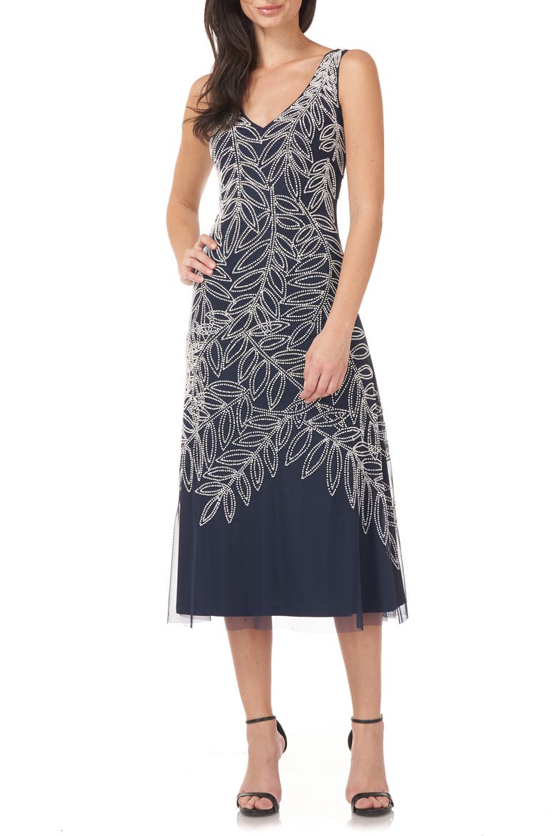 Beaded Sleeveless Midi Dress, Main, color, NAVY/ WHITE