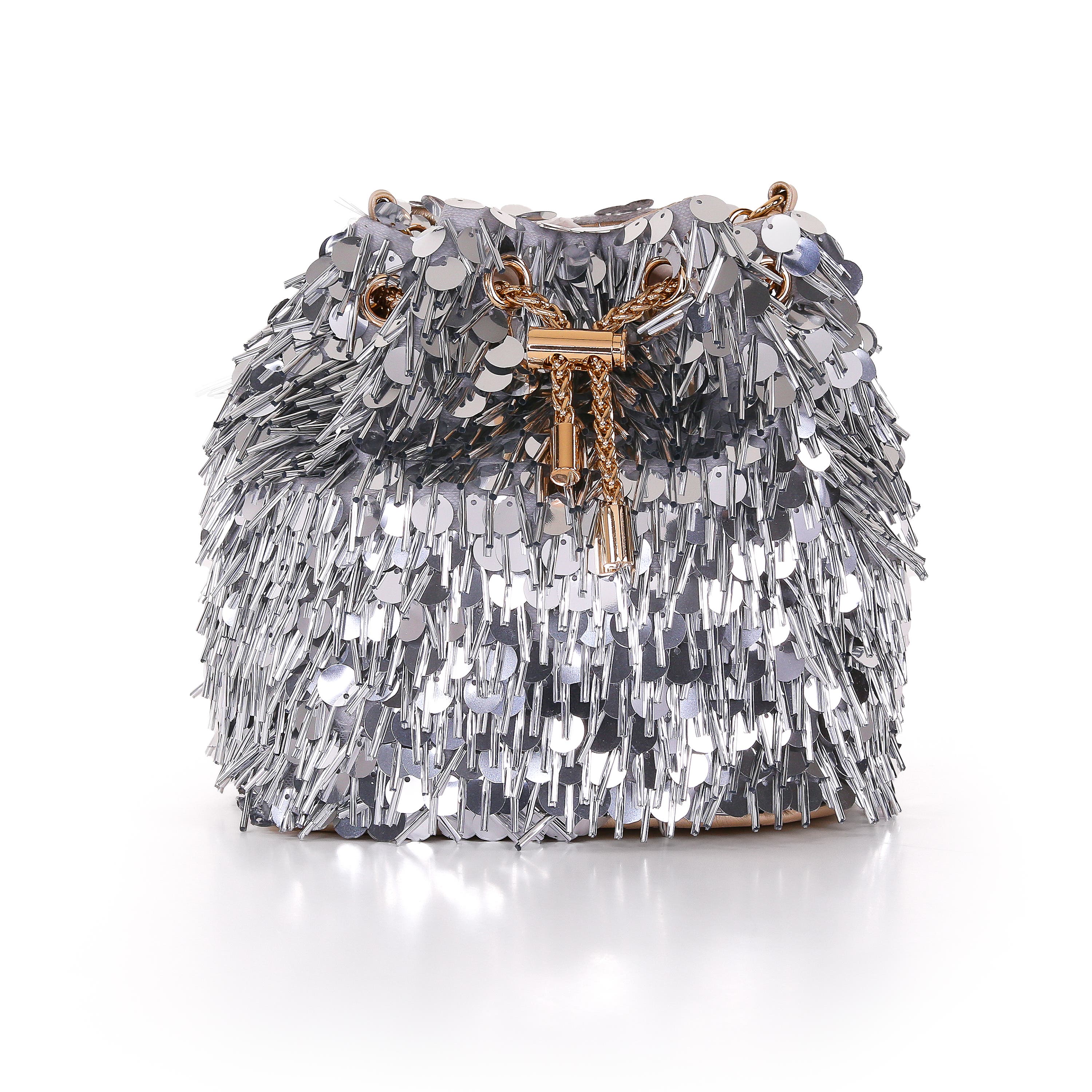 Piper Sequin And Bugle Bead Bucket Bag, Main, color, Silver Gold
