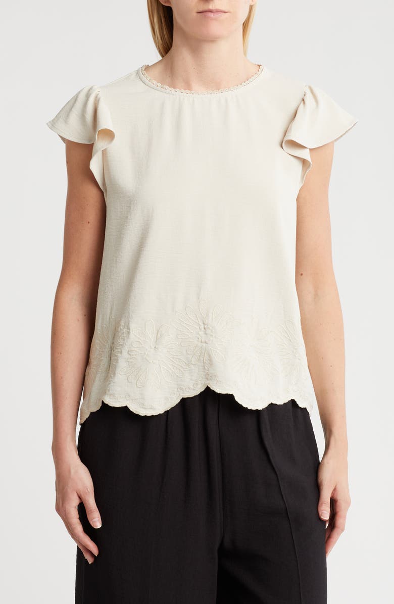 Adrianna Papell Floral Embroidered Flutter Sleeve Top, Main, color, Bamboo Wood