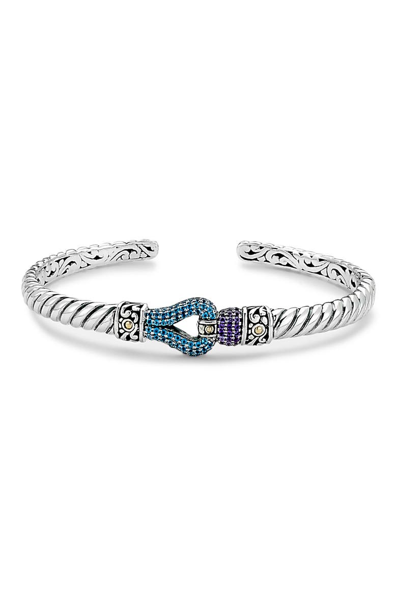 Sterling Silver & 18K Gold Blue Topaz & Amethyst Cuff Bracelet, Main, color, BLUE