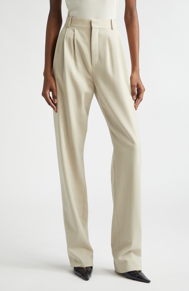 Saint Laurent High Waist Pleated Wool Straight Leg Pants, Main, color, Beige