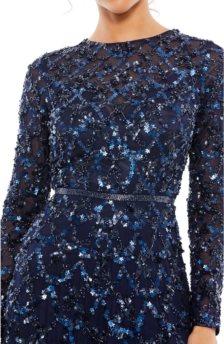 Mac Duggal Embellished Illusion High Neck Long Sleeve A Line Gown, Alternate, color, Midnight