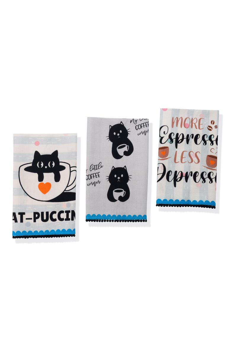 Cat-Puccino Set of 3 Cotton Waffle Kitchen Towels, Main, color, BLACK/ GREY/ BLUE/ ORANGE