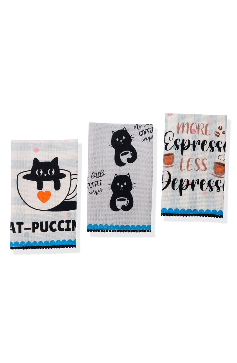 Tiramisu Cat-Puccino Set of 3 Cotton Waffle Kitchen Towels, Main, color, Black/ Grey/ Blue/ Orange
