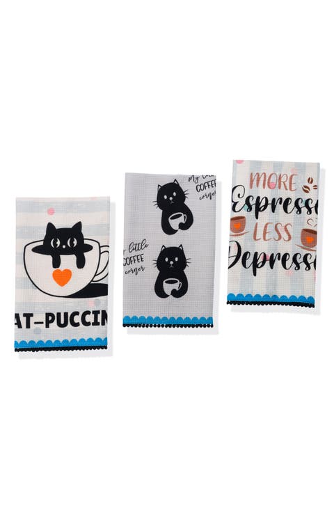 Cat-Puccino Set of 3 Cotton Waffle Kitchen Towels