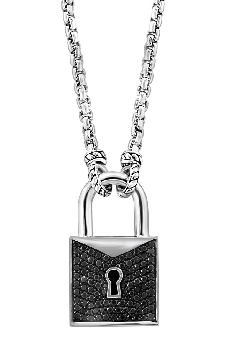 Men's Sterling Silver Spinel Lock Pendant Necklace, Main, color, BLACK