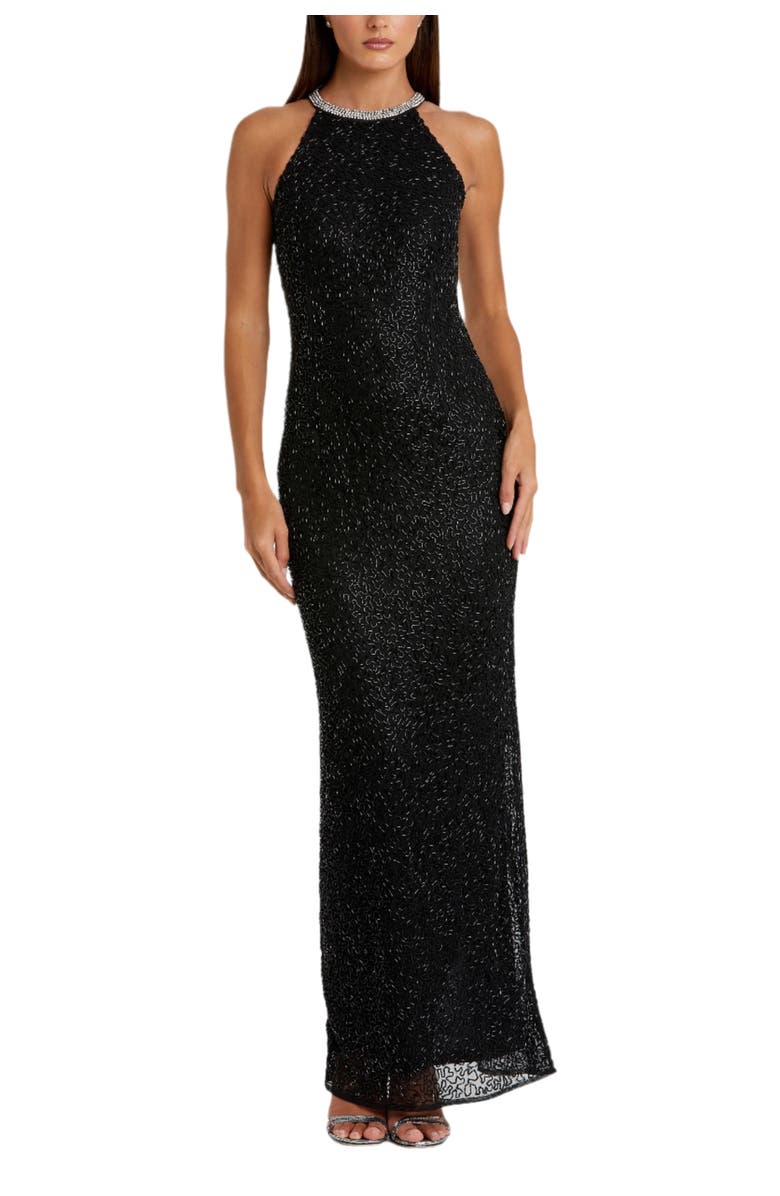 Mac Duggal Beaded Sleeveless High Neck Column Gown, Main, color, Black