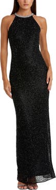 Mac Duggal Beaded Sleeveless High Neck Column Gown