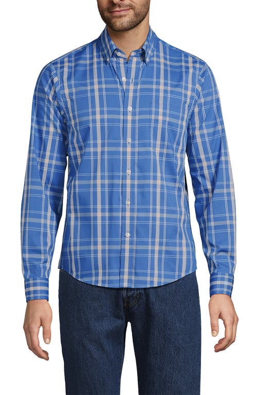 Lands' End Long Sleeve Tailored Fit Travel Kit Shirt In Mariner Blue/pale Almond Plaid