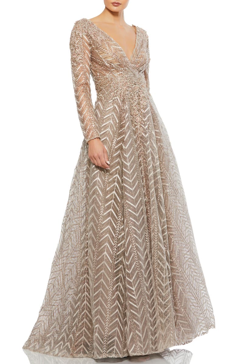Mac Duggal Embellished Illusion Long Sleeve Wrap Over A Line Gown, Main, color, Taupe