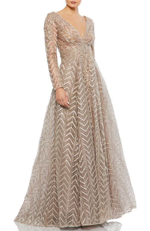 MAC DUGGAL MAC DUGGAL EMBELLISHED ILLUSION LONG SLEEVE WRAP OVER A LINE GOWN
