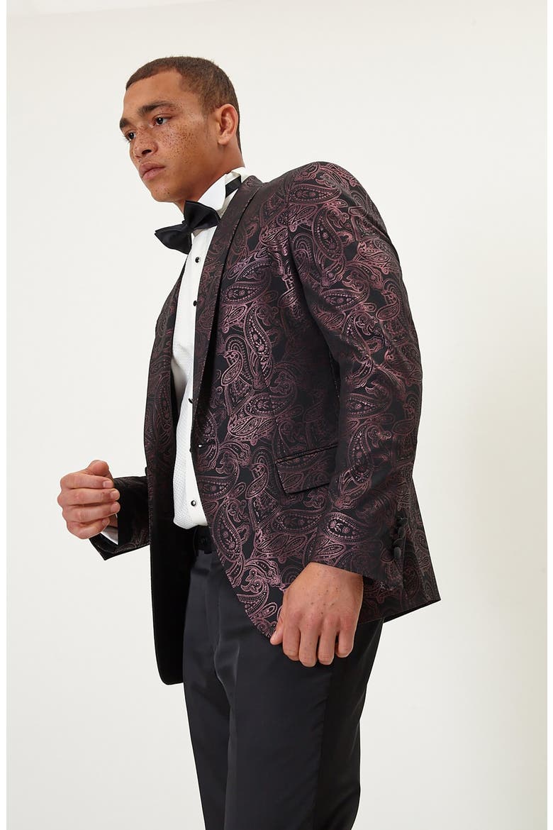 Metallic Paisley Pattern Tuxedo Jacket, Alternate, color, BURGUNDY