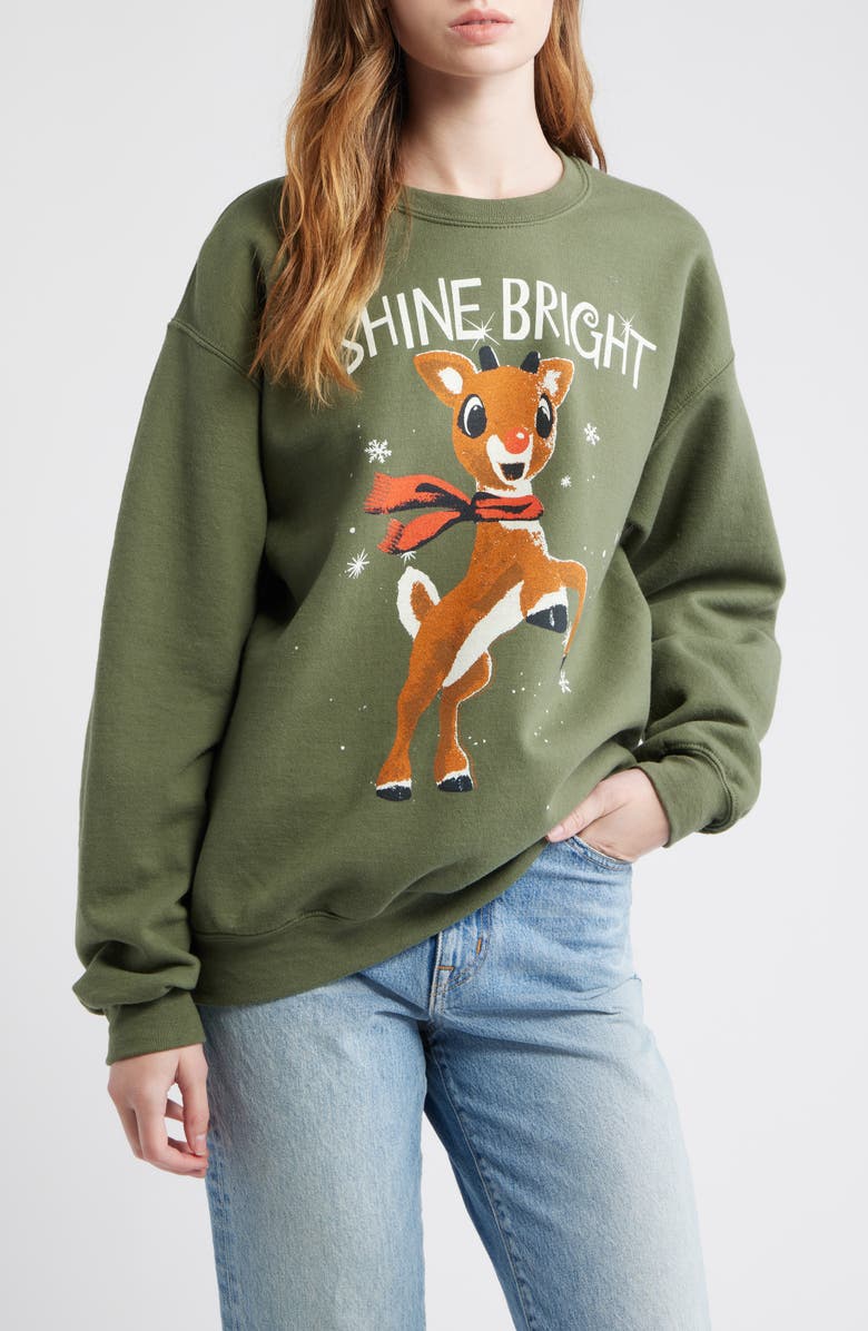 Junk Food Rudolph Shine Bright Crewneck Sweatshirt, Main, color, Military Green