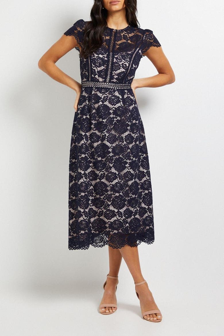 Lace Fit And Flare Midi Dress, Alternate, color, Navy