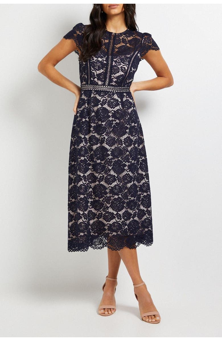 Wallis Lace Fit And Flare Midi Dress, Alternate, color, Navy