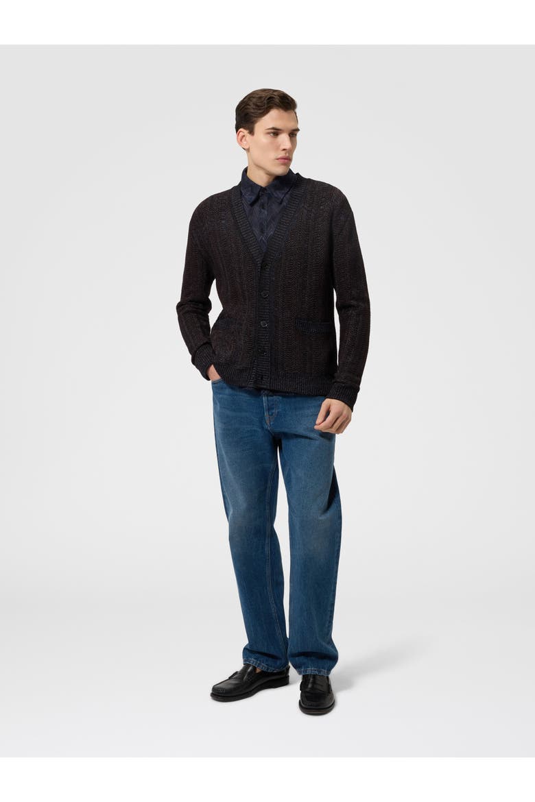 Wool And Viscose-blend Cardigan With Greek Key Motif, Alternate, color, Navy Blue