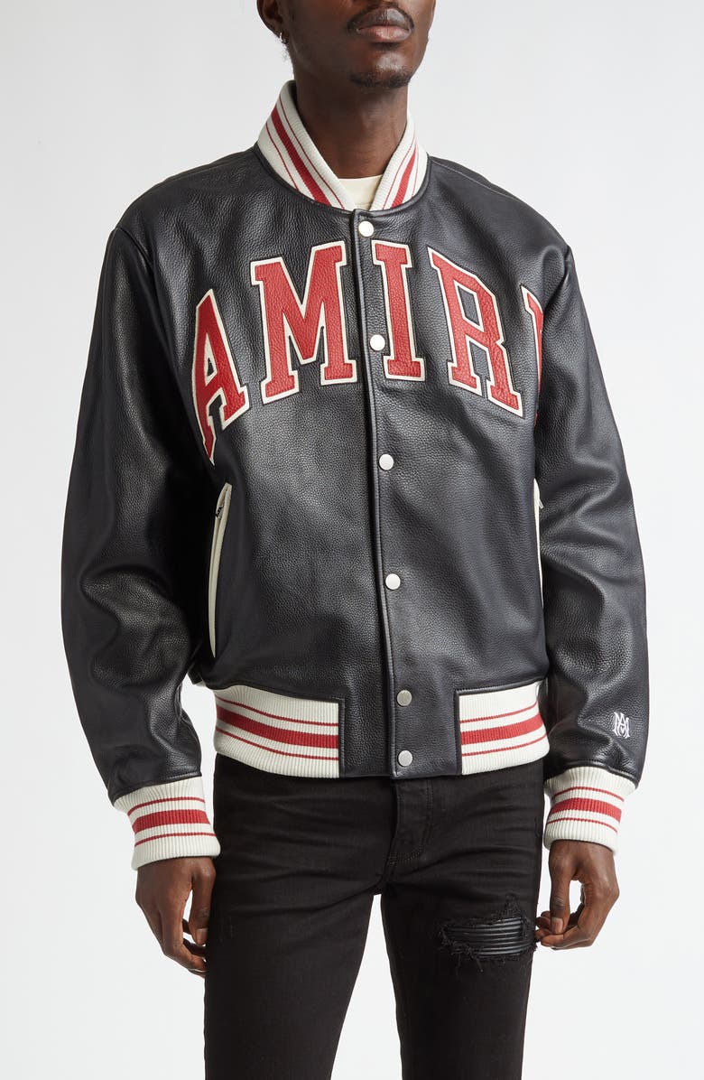 AMIRI Varsity Logo Leather Bomber Jacket, Main, color, Black