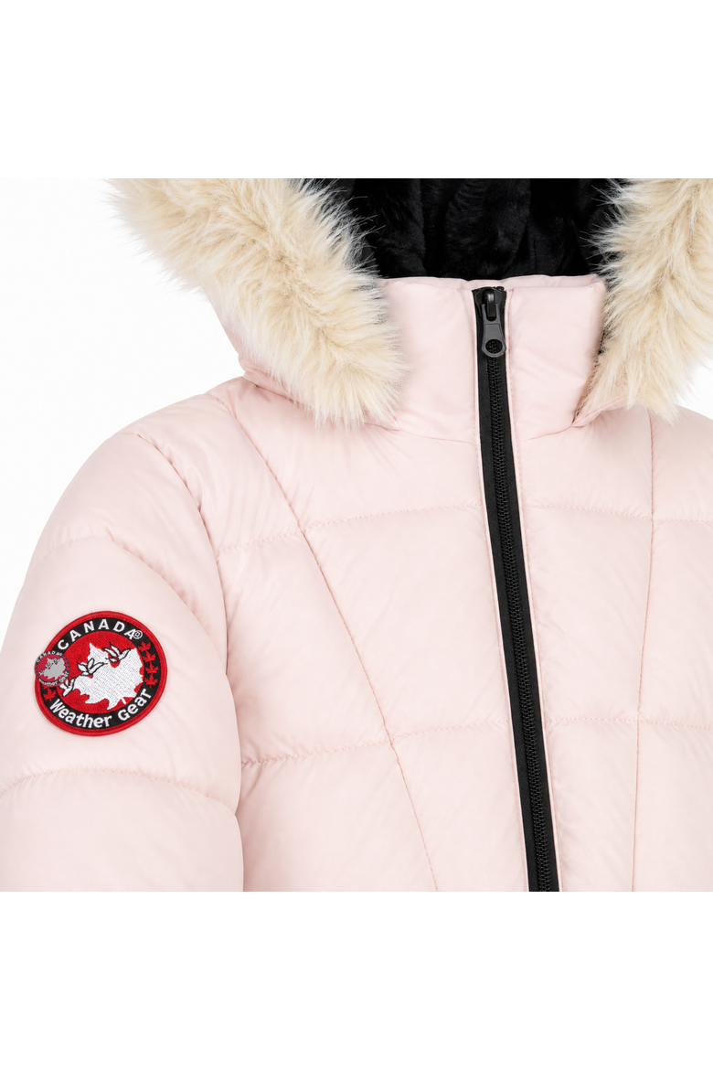 Girls' Faux Fur Hood Long Puffer Parka, Alternate, color, Blush