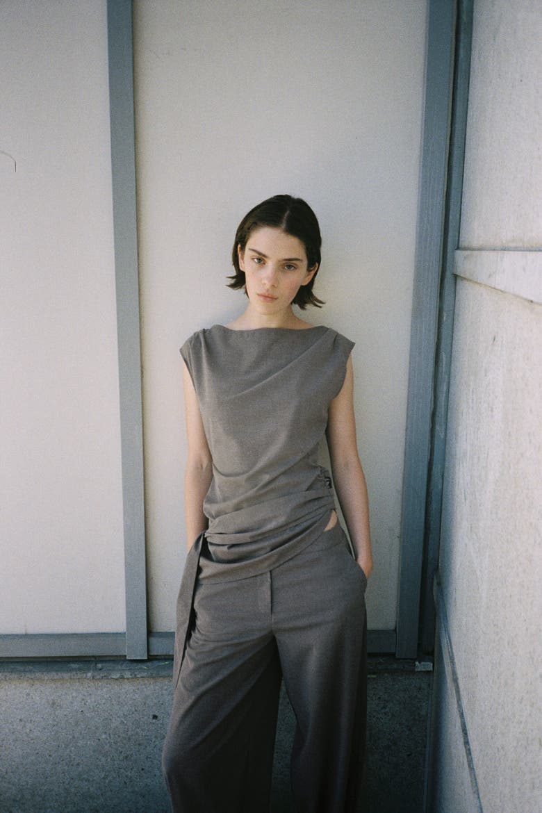 Tie-detail Boat-neck Top, Alternate, color, Dark taupe