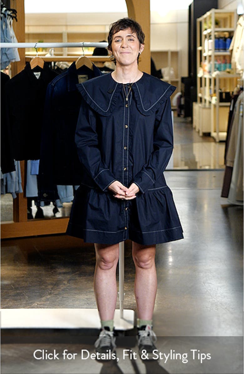 Big Collar Long Sleeve Organic Cotton Poplin Minidress, sales video thumbnail