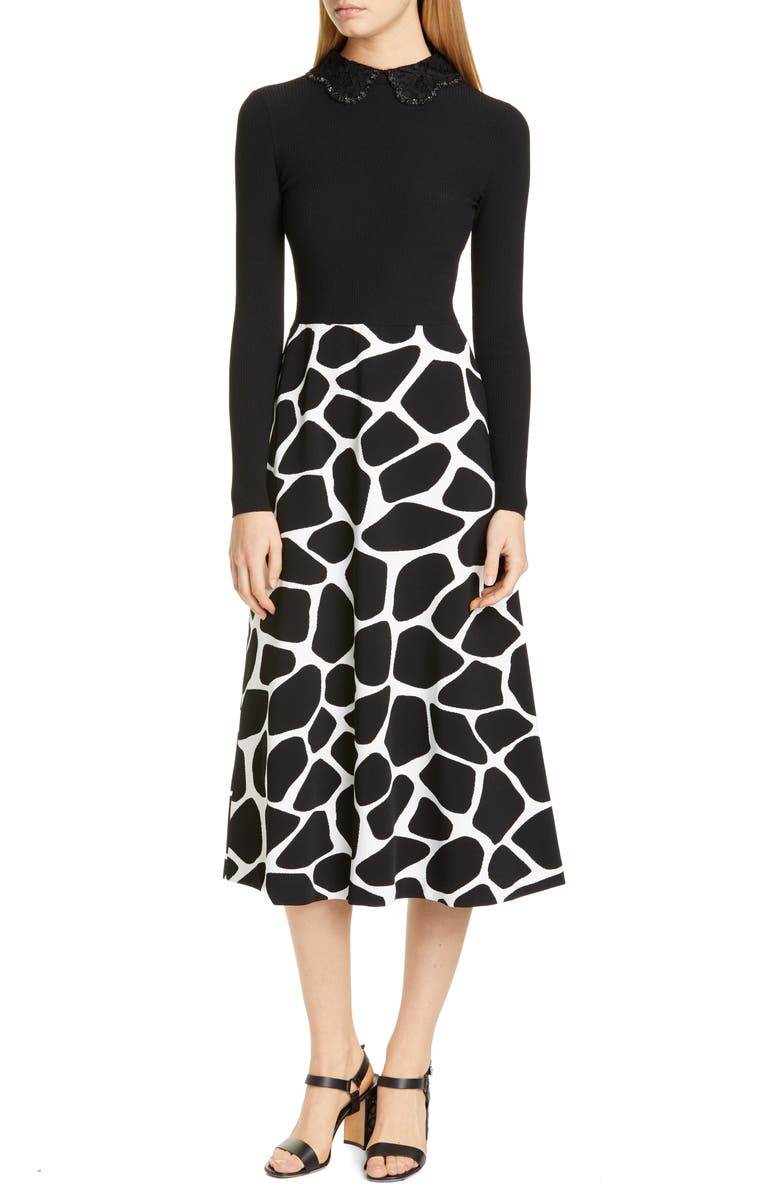 Valentino Contrast Bodice Giraffe Print Long Sleeve Midi Dress, Main, color, 