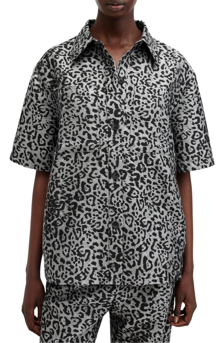 AllSaints Jemi Leopard Print Button-Up Shirt, Main, color, Silver Grey