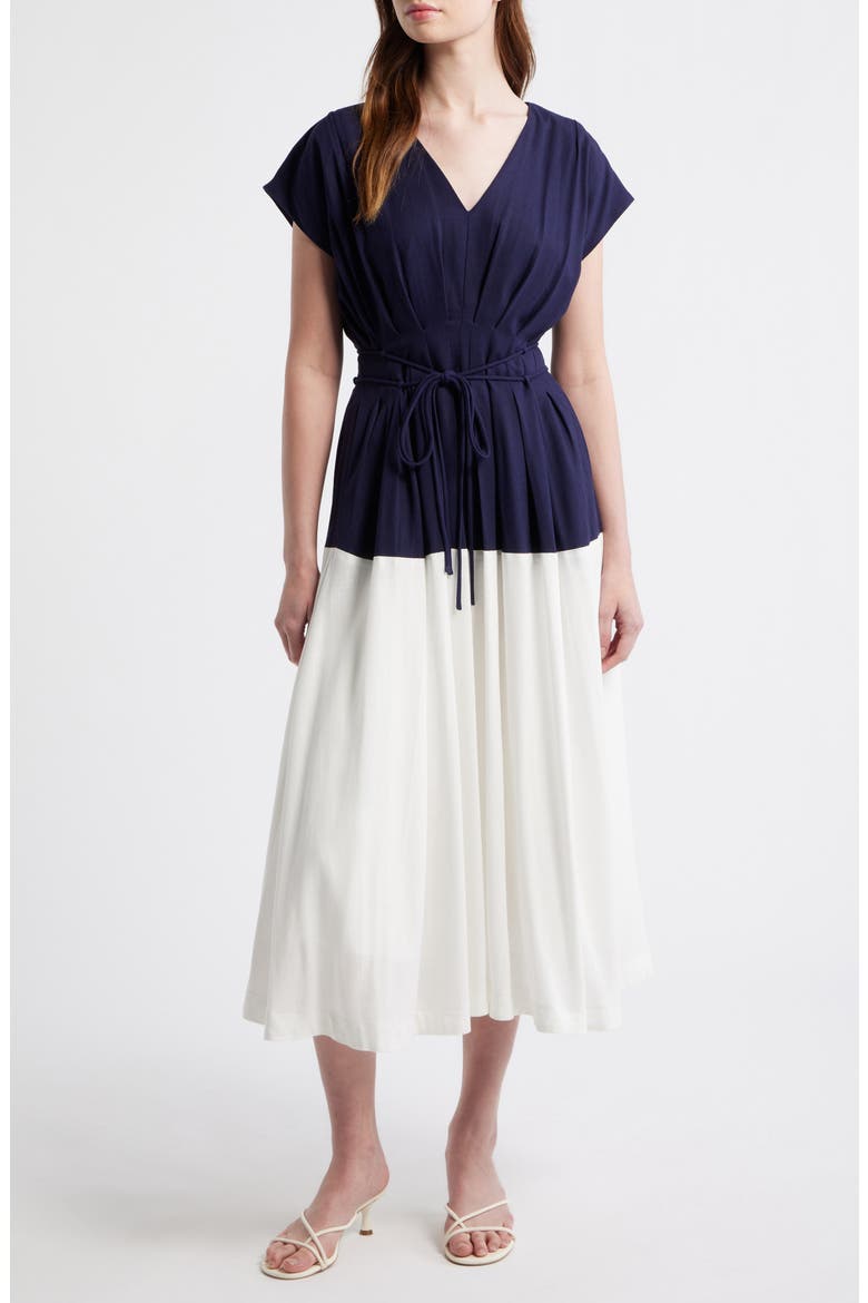 Colorblock Pleat Tie Belt Dress, Main, color, NAVY