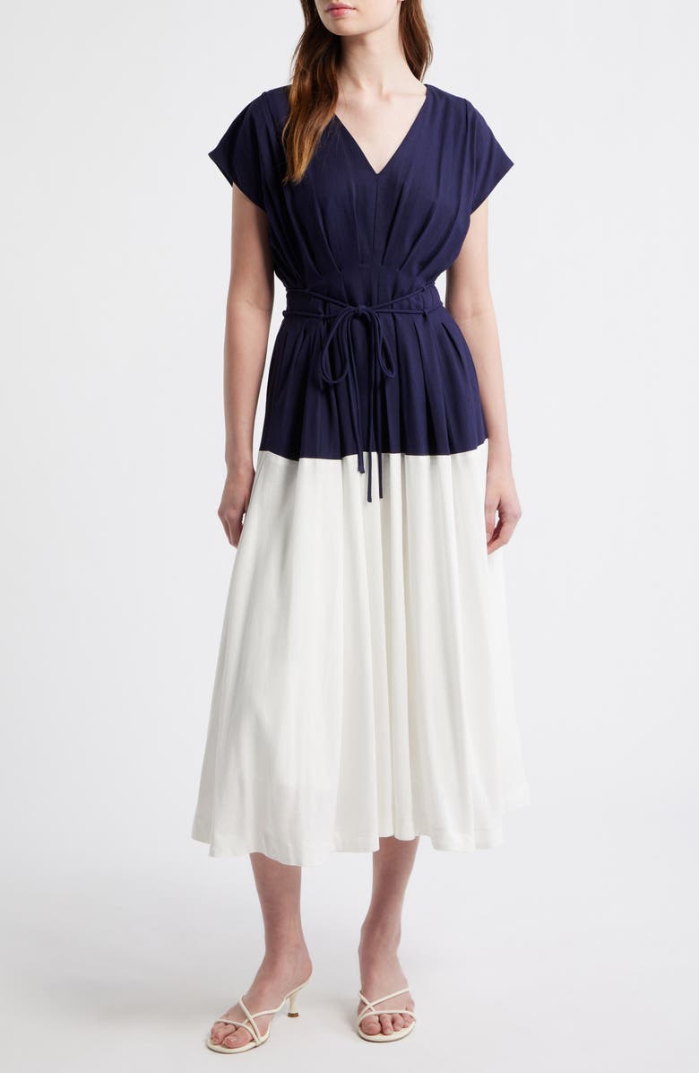 ZOE AND CLAIRE Colorblock Pleat Tie Belt Dress, Main, color, Navy