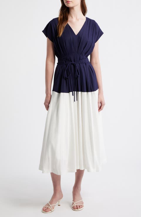 Colorblock Pleat Tie Belt Dress