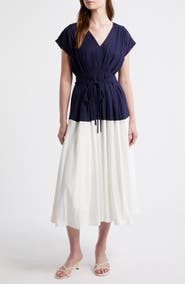 ZOE AND CLAIRE Colorblock Pleat Tie Belt Dress