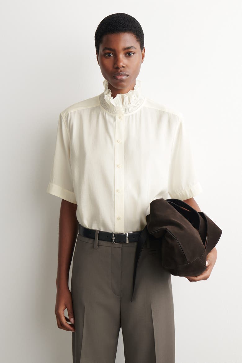 Ruffle-Collar Modal Blouse, Main, color, IVORY