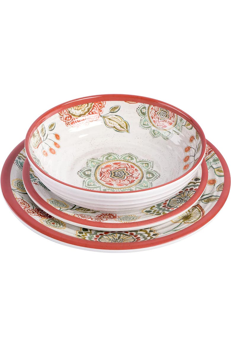 Brick Floral Ripple 12pc Melamine Dinnerware Set, Alternate, color, Red